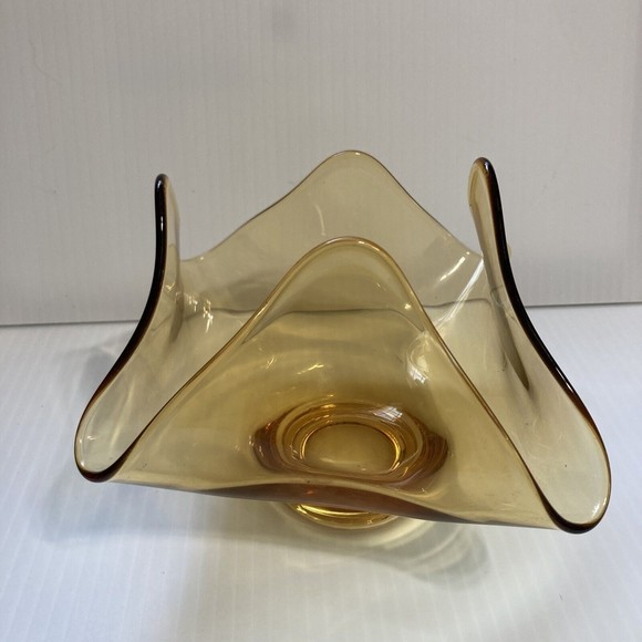 Vintage MCM Amber Handkerchief Ruffled Pinched Art Glass Bowl, Mid Century - Picture 3 of 11